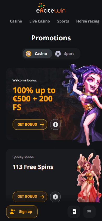 Excitewin Casino Promotions Oberfläche auf einem Mobilgerät