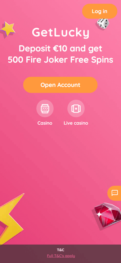Getlucky app homepage mobile