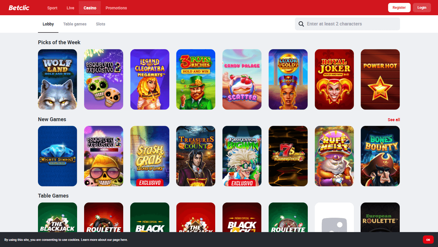 Interfaccia del lobby di gioco Betclic su desktop