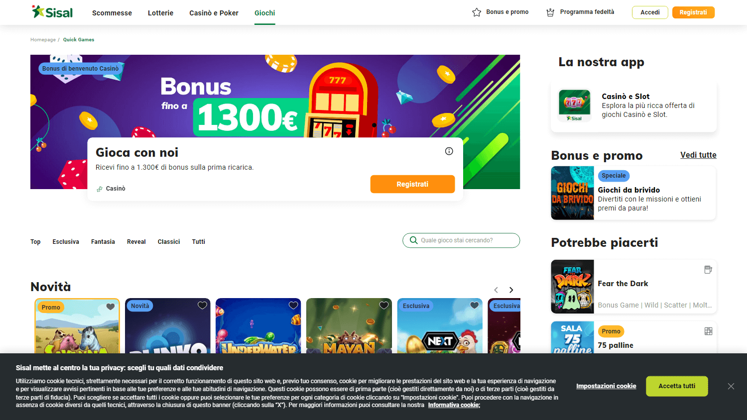 Schermata della selezione giochi del casinò su desktop