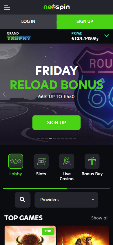 Neospin Casino App Homepage Mobile