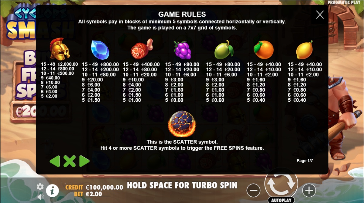 Cyclops Smash full paytable