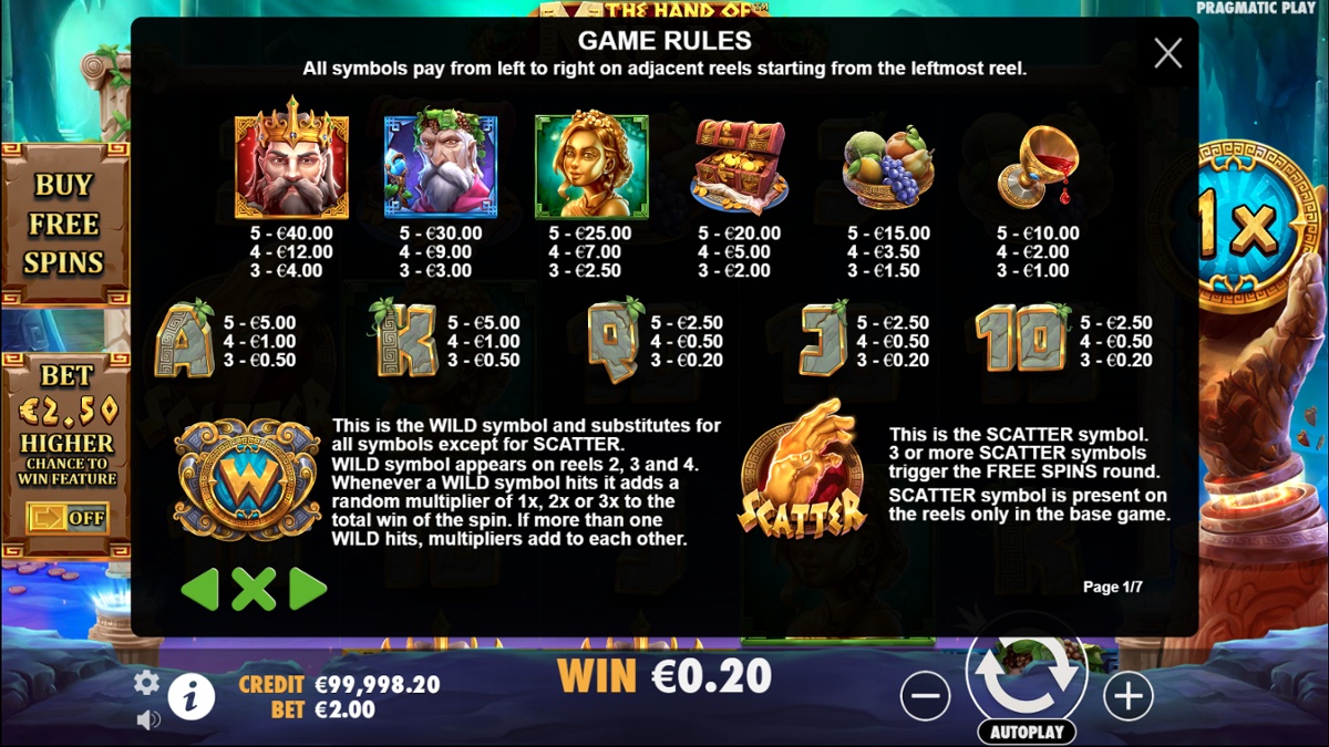 Hand of Midas slot paytable