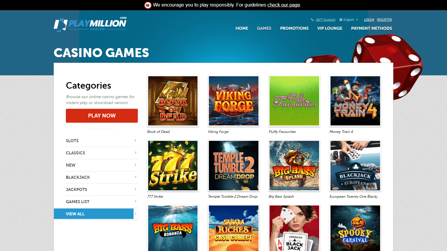 PlayMillion casino lobby website screenshot
