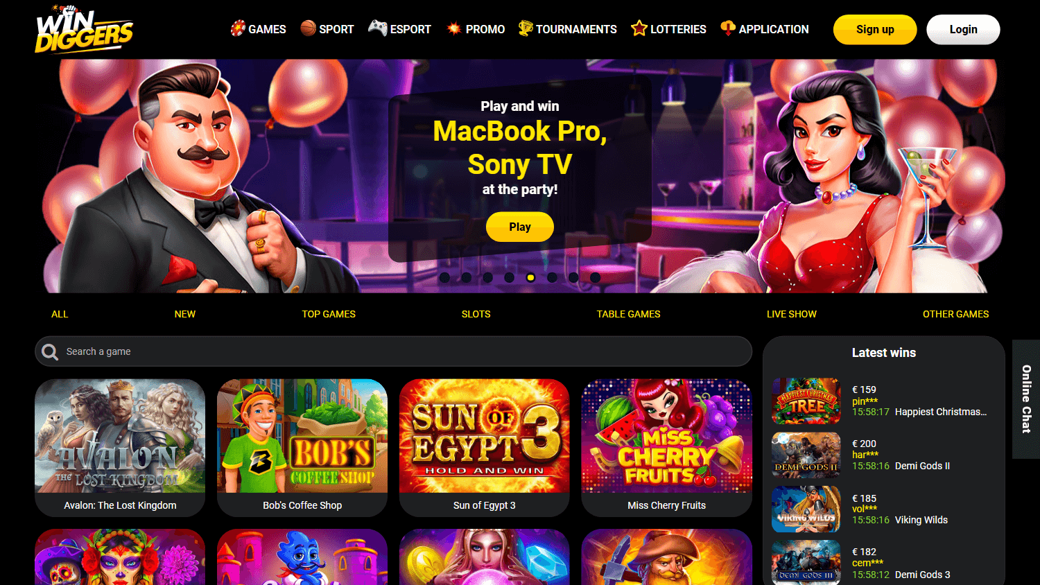 win_diggers_casino_homepage_desktop