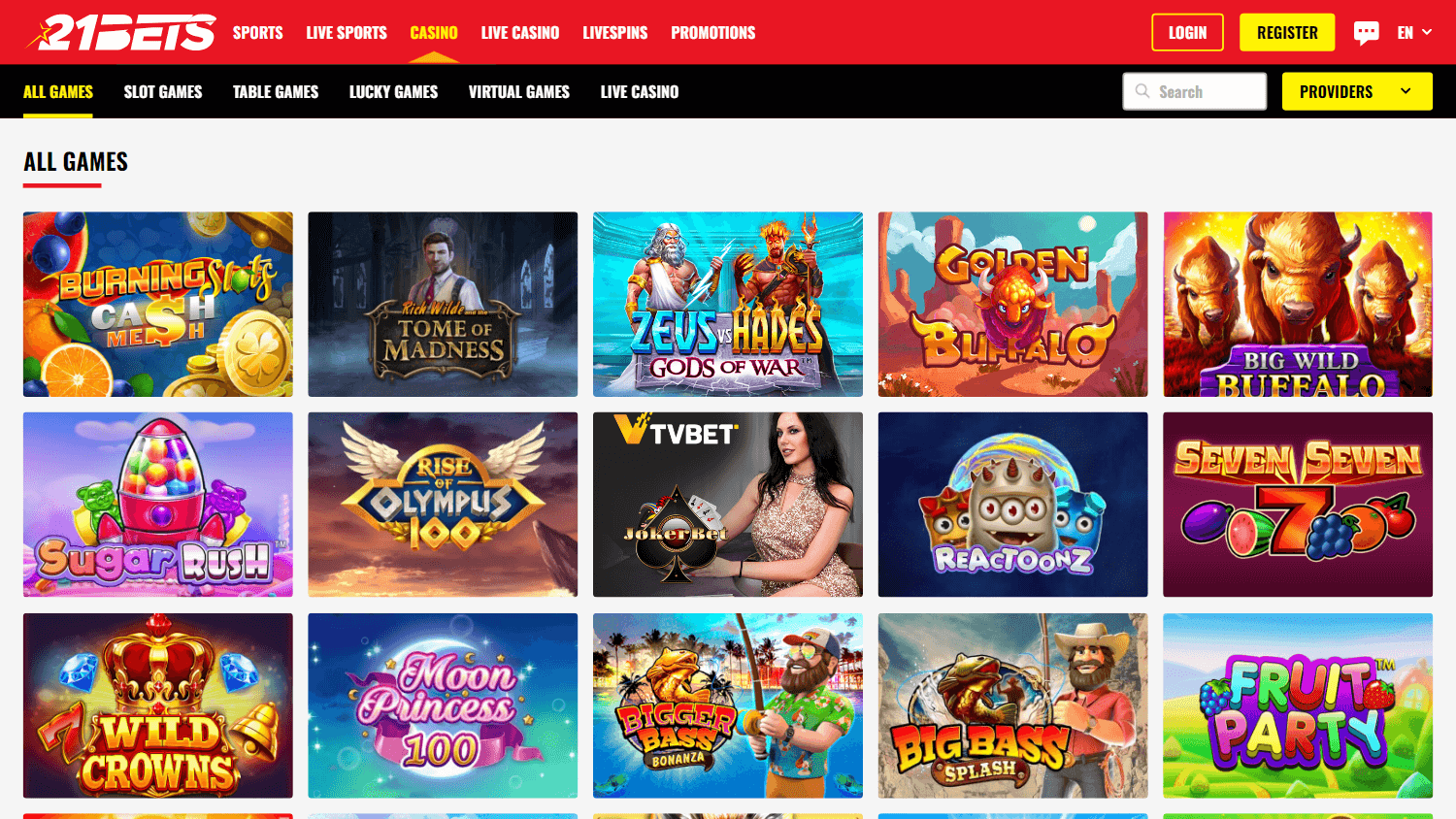 21 Bets casino lobby website screenshot