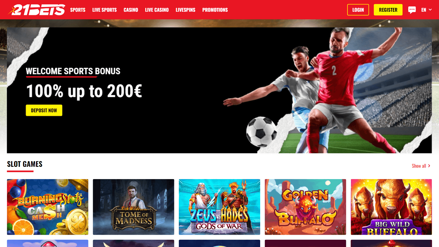 21 Bets homepage website screenshot