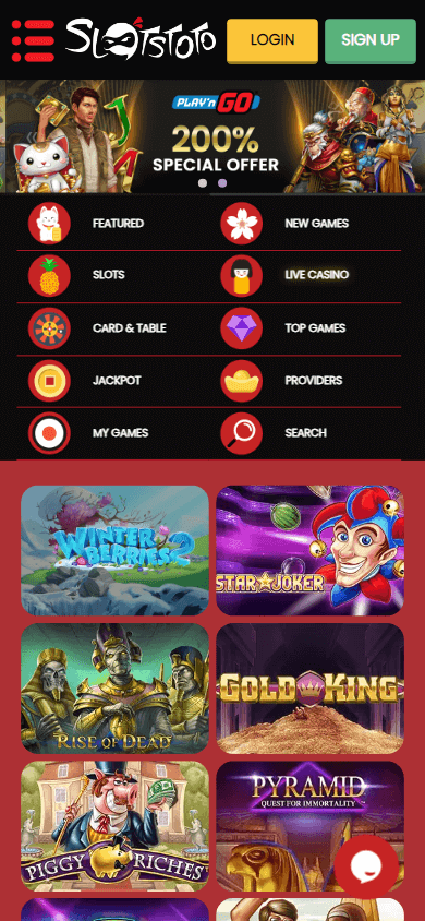 Schermafbeelding van de Toto Casino app homepage op mobiel, toont spelsectie en navigatie