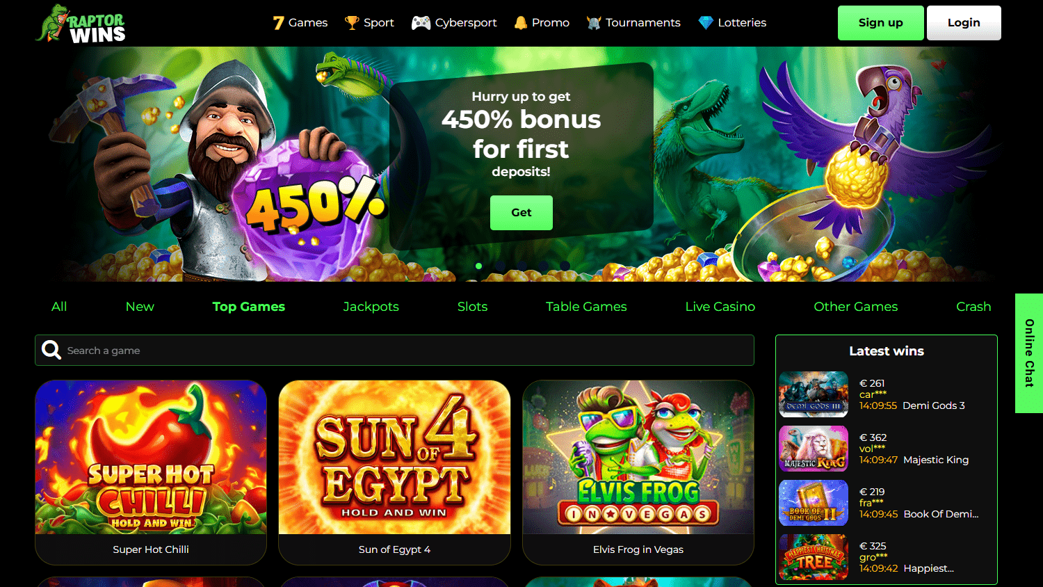 Raptor_Wins_Casino_homepage_desktop