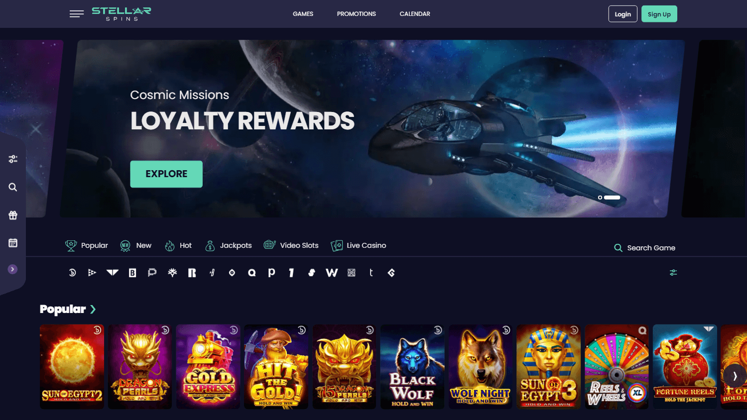 Stellar Spins Casino homepage interface on desktop