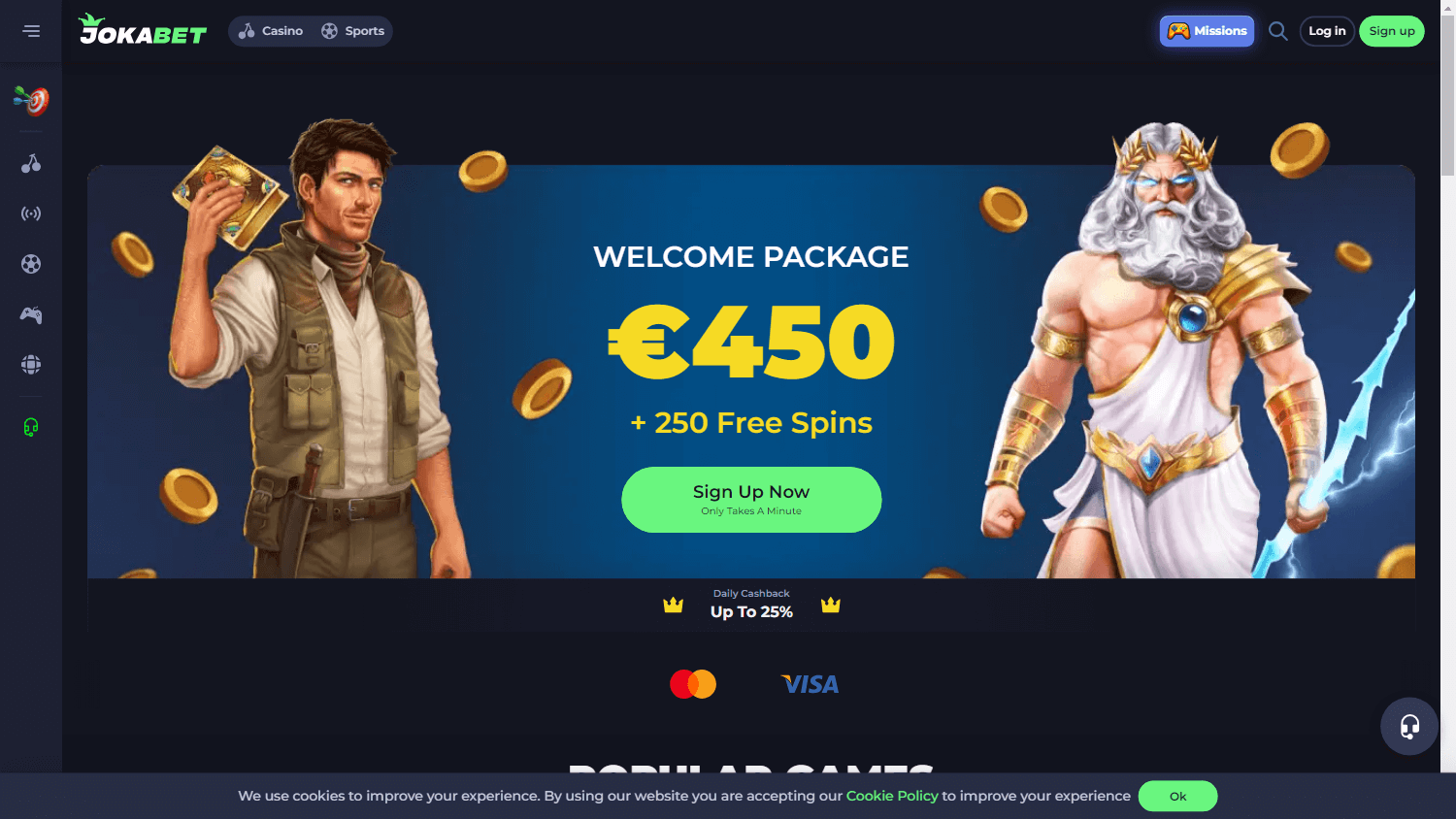 Screenshot of Jokabet Casino homepage on desktop, showing login and game options