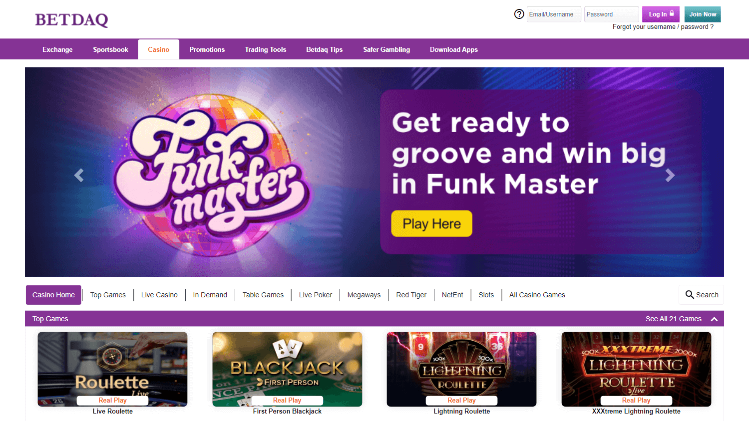 Betdaq casino lobby website screenshot