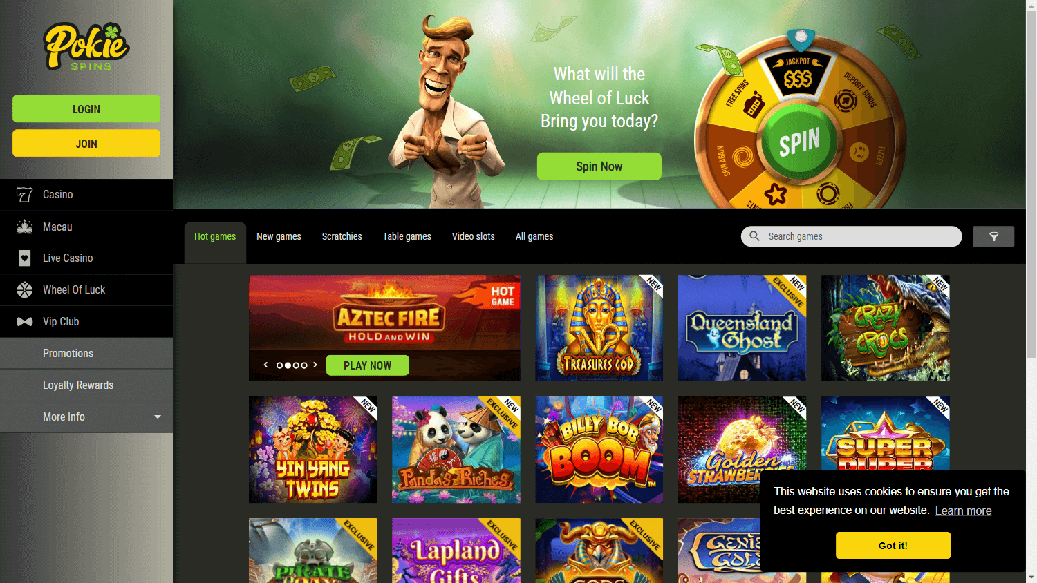 pokiespins_casino_homepage_desktop