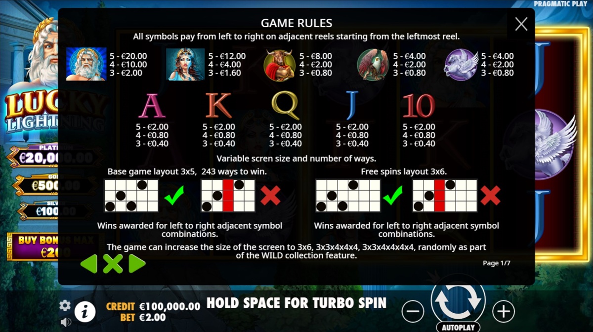 Lucky Lightning slot paytable