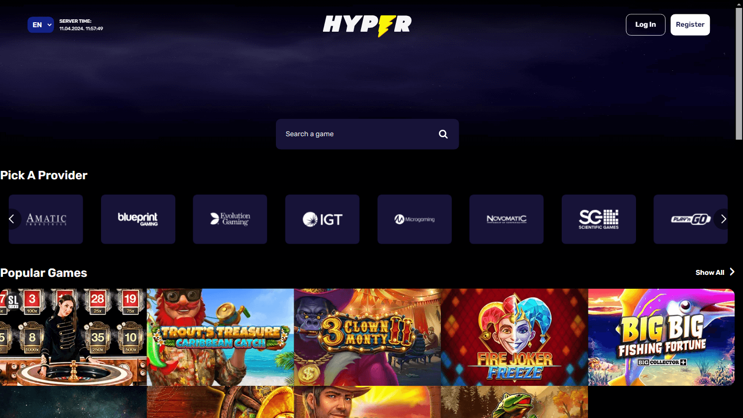 Hyper casino lobby website screenshot