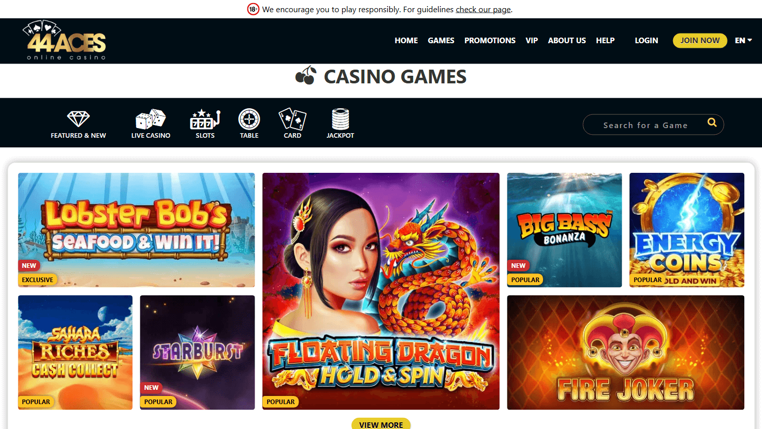 44Aces Casino casino lobby website screenshot