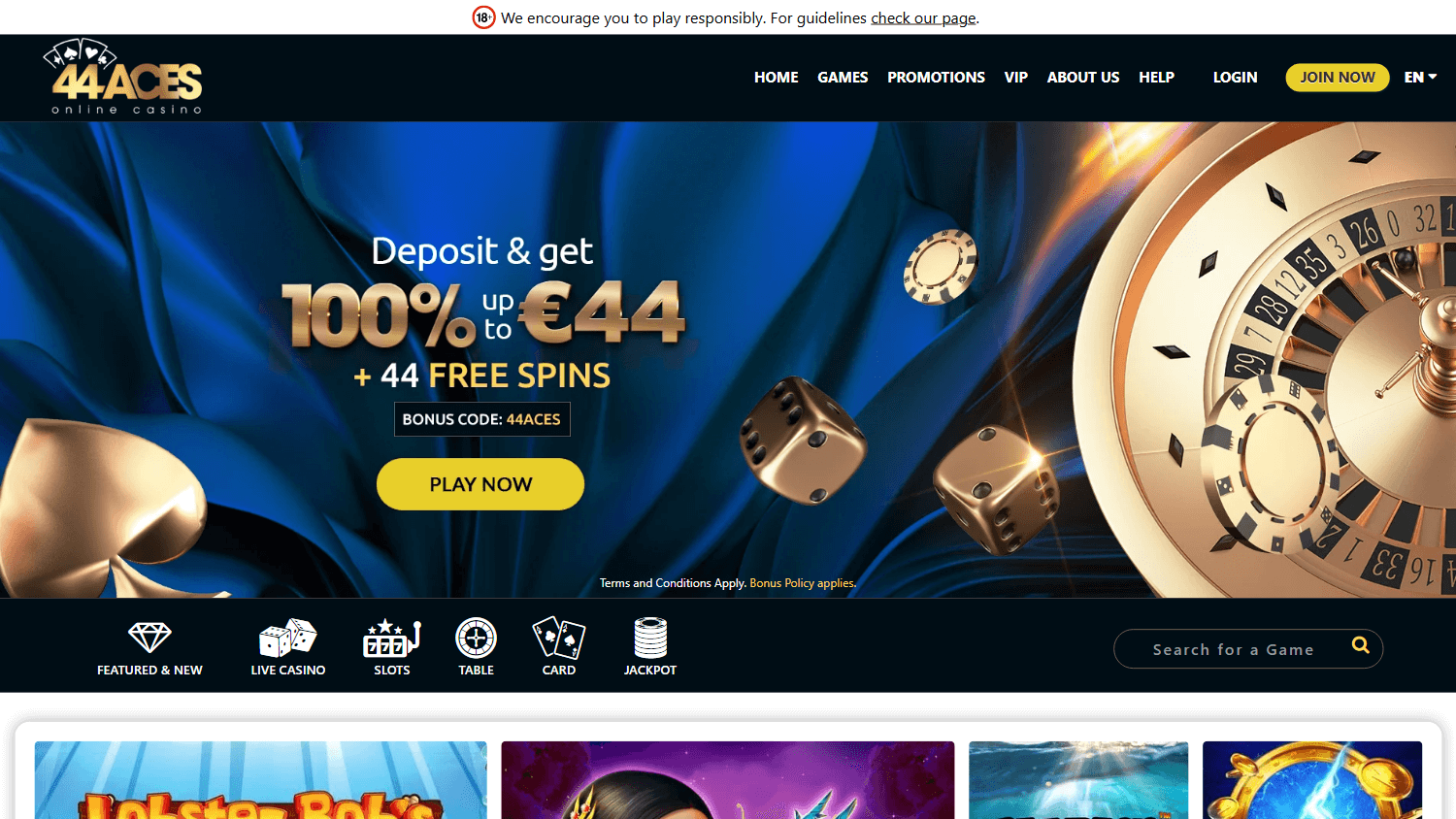44Aces Casino homepage website screenshot