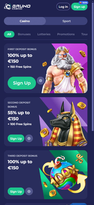 Screenshot der Bruno Casino App mit Bonusangeboten auf einem Mobilgerät