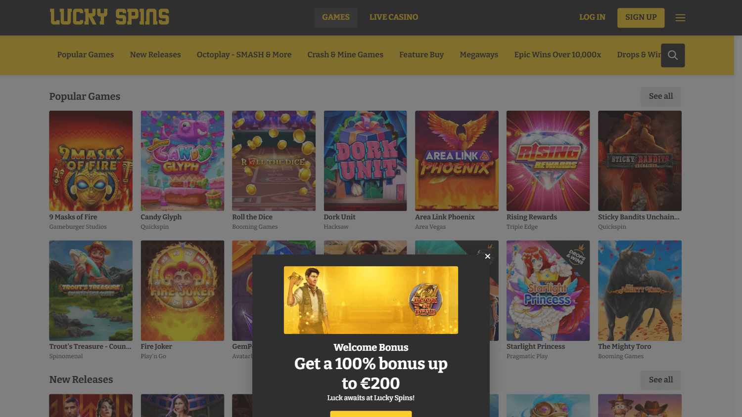 Lucky Spins spillgalleri på desktop