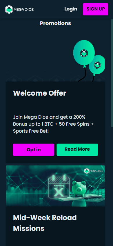 Schermata promozioni mobili Megadice