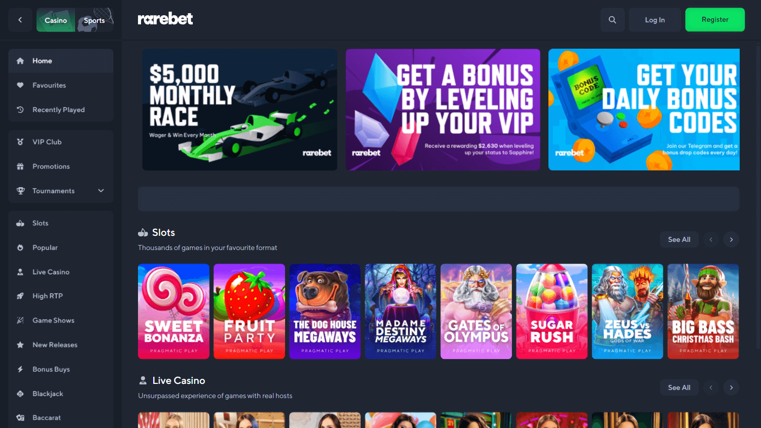 rarebet_casino_homepage_desktop