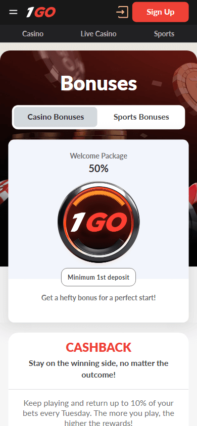 Real mobile casino promotions screen showing a welcome offer and cashback
