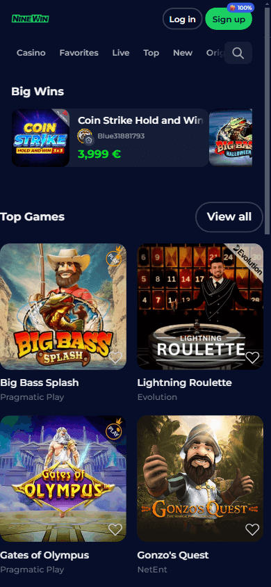 Screenshot of the Ninewin Casino mobile app game lobby interface