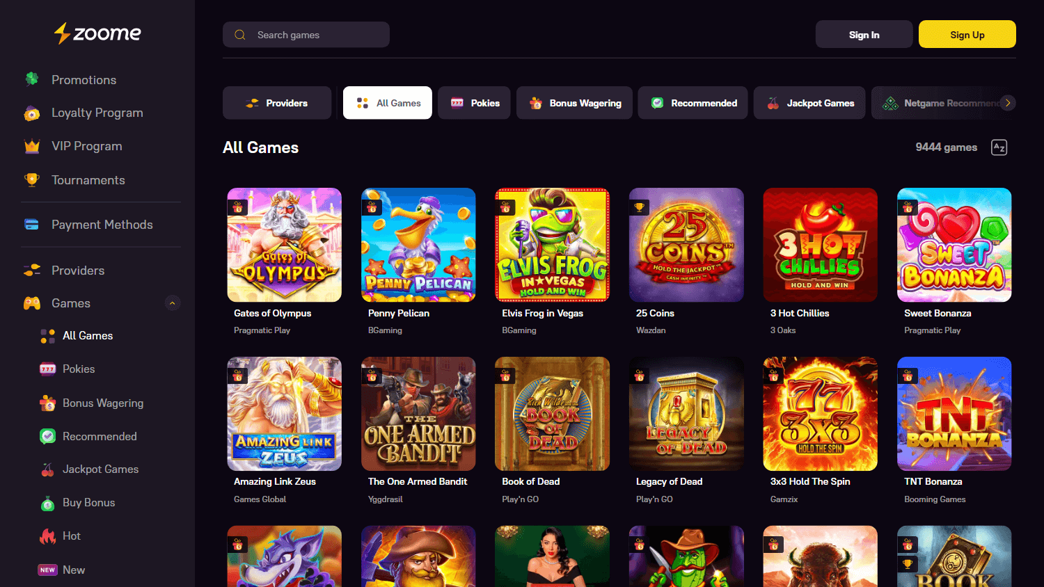 Zoom Casino Game Gallery Desktop Interface