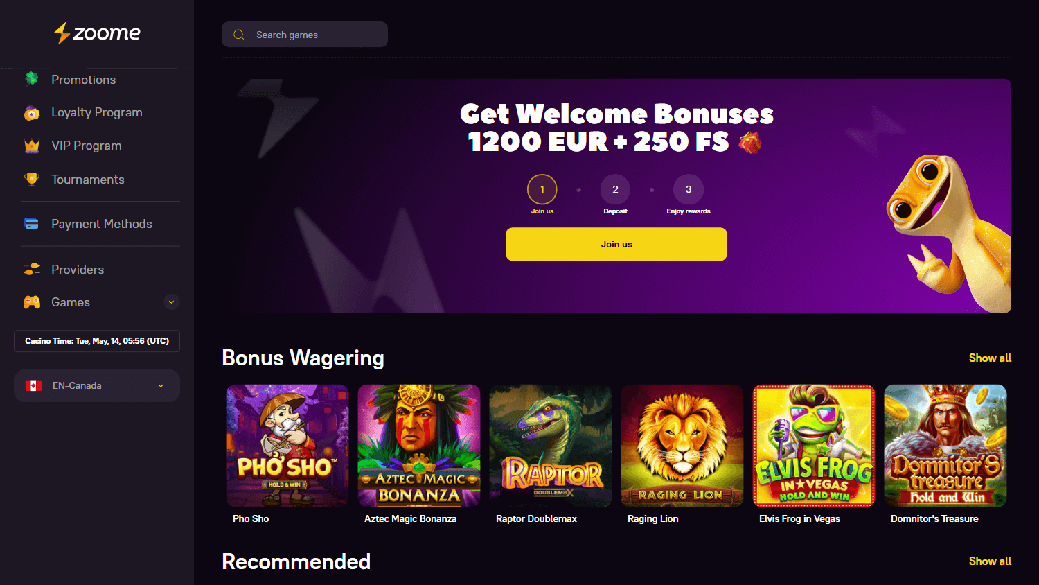 Zoome Casino Homepage Desktop