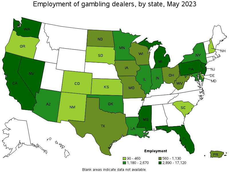 Bureau of Labor Statistics casino dealers by state