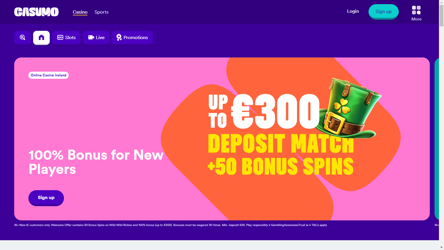 Interfaz de Casumo casino online mostrando juegos y promociones