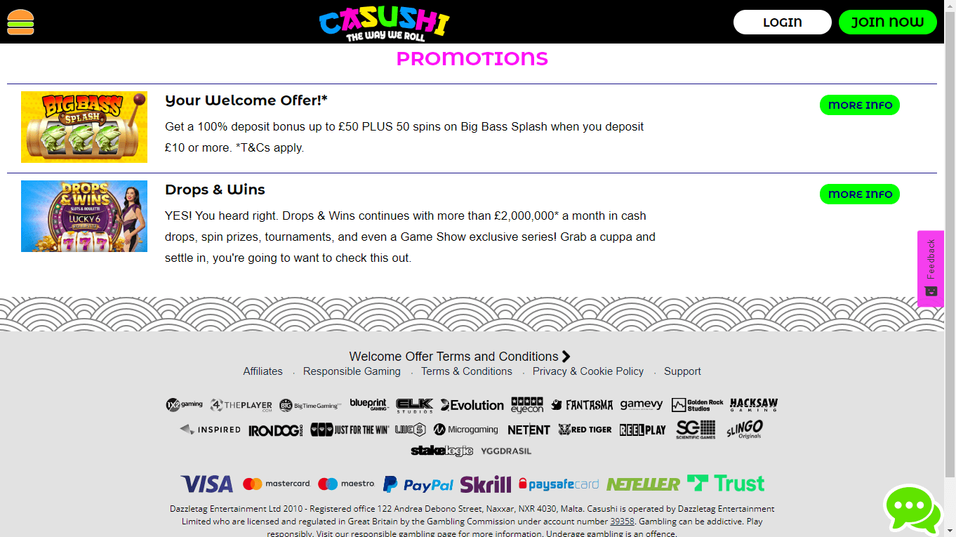 Casushi promotional offers and bonus dashboard interface