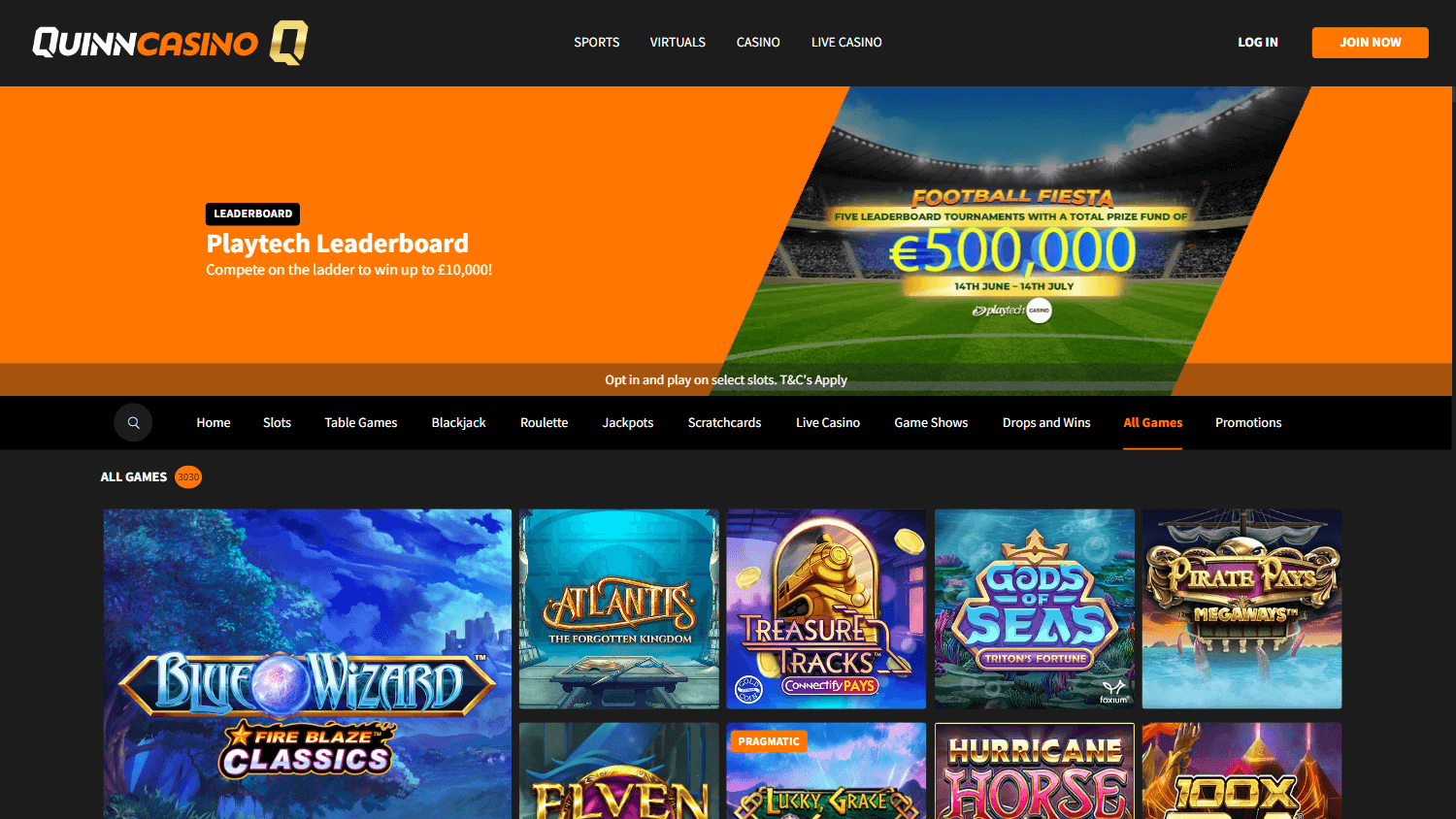 Quinn Casino casino lobby website screenshot