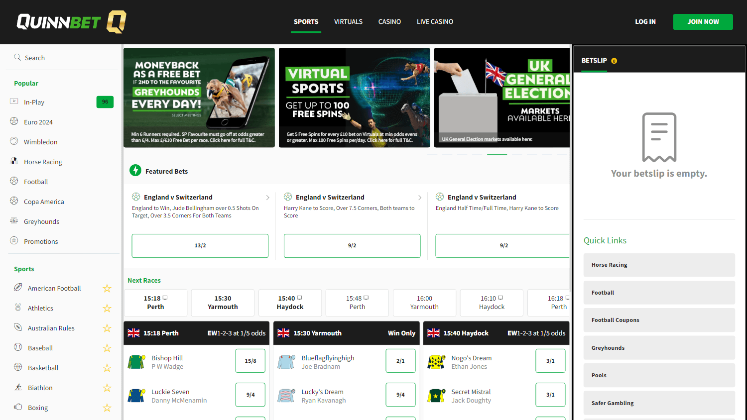 Quinn Casino homepage website screenshot