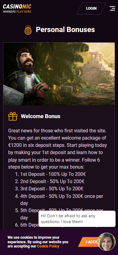 Casinonic mobile promotions interface showing bonus offers