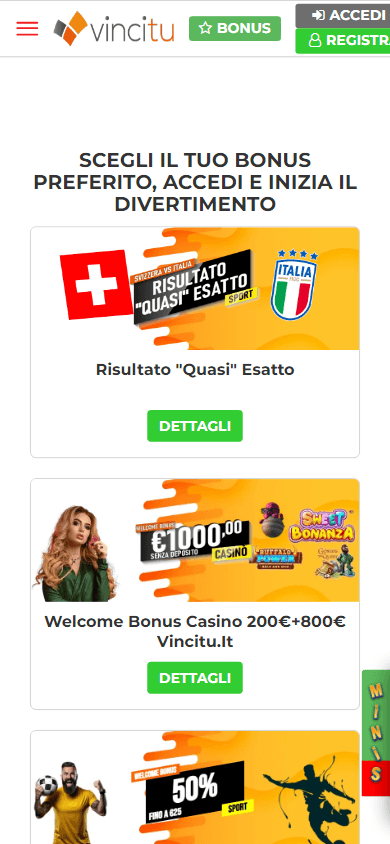 Homepage mobile di Vincitu casinò