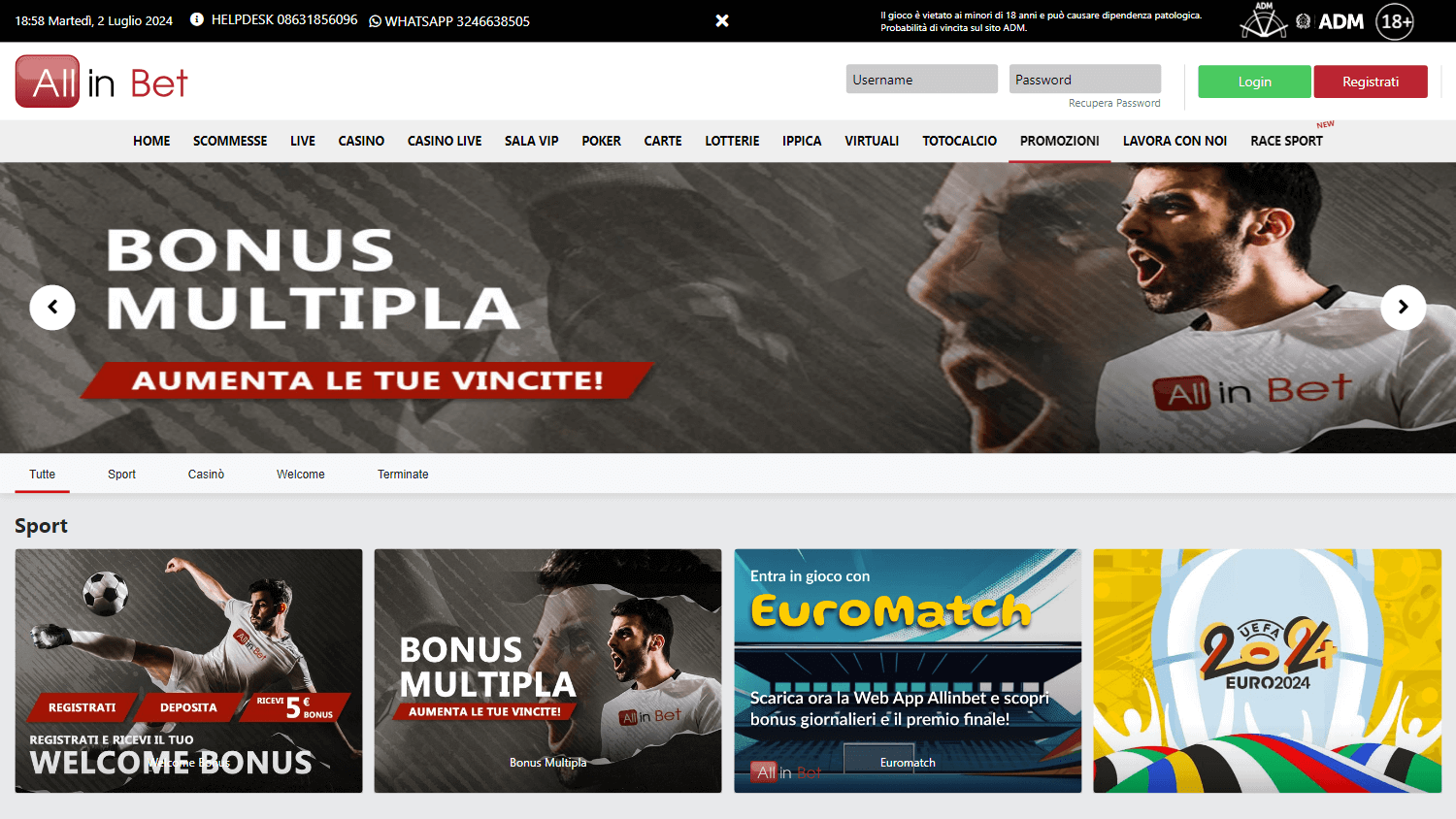 Schermata delle promozioni Allinbet su desktop