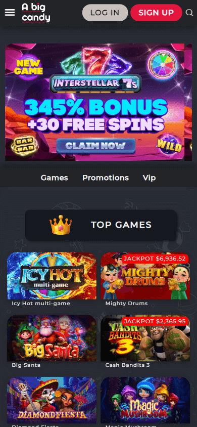 A Big Candy Casino Mobile Homepage Display
