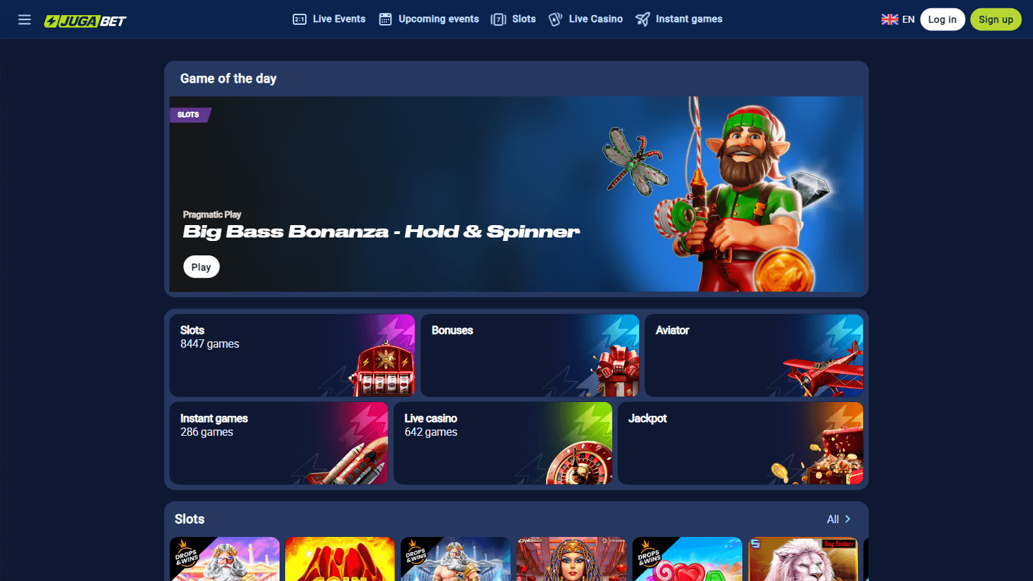 Galería de juegos de JugaBet mostrando tragamonedas y mesa en versión desktop