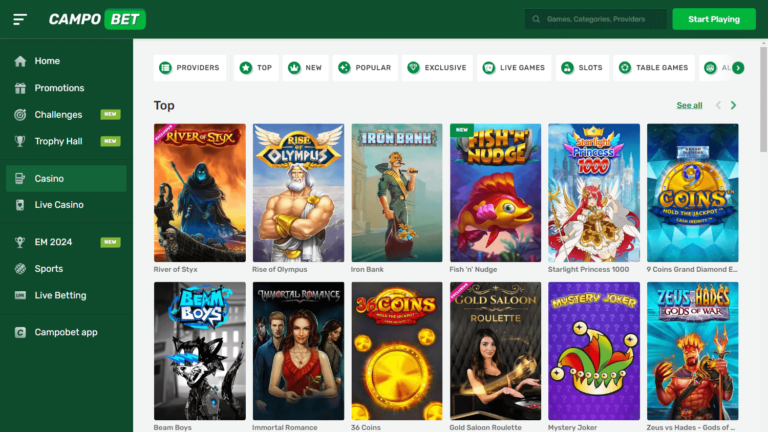 Unibet Casino spilgalleri på desktop