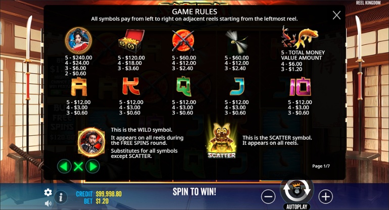 Samurai Code - Full paytable
