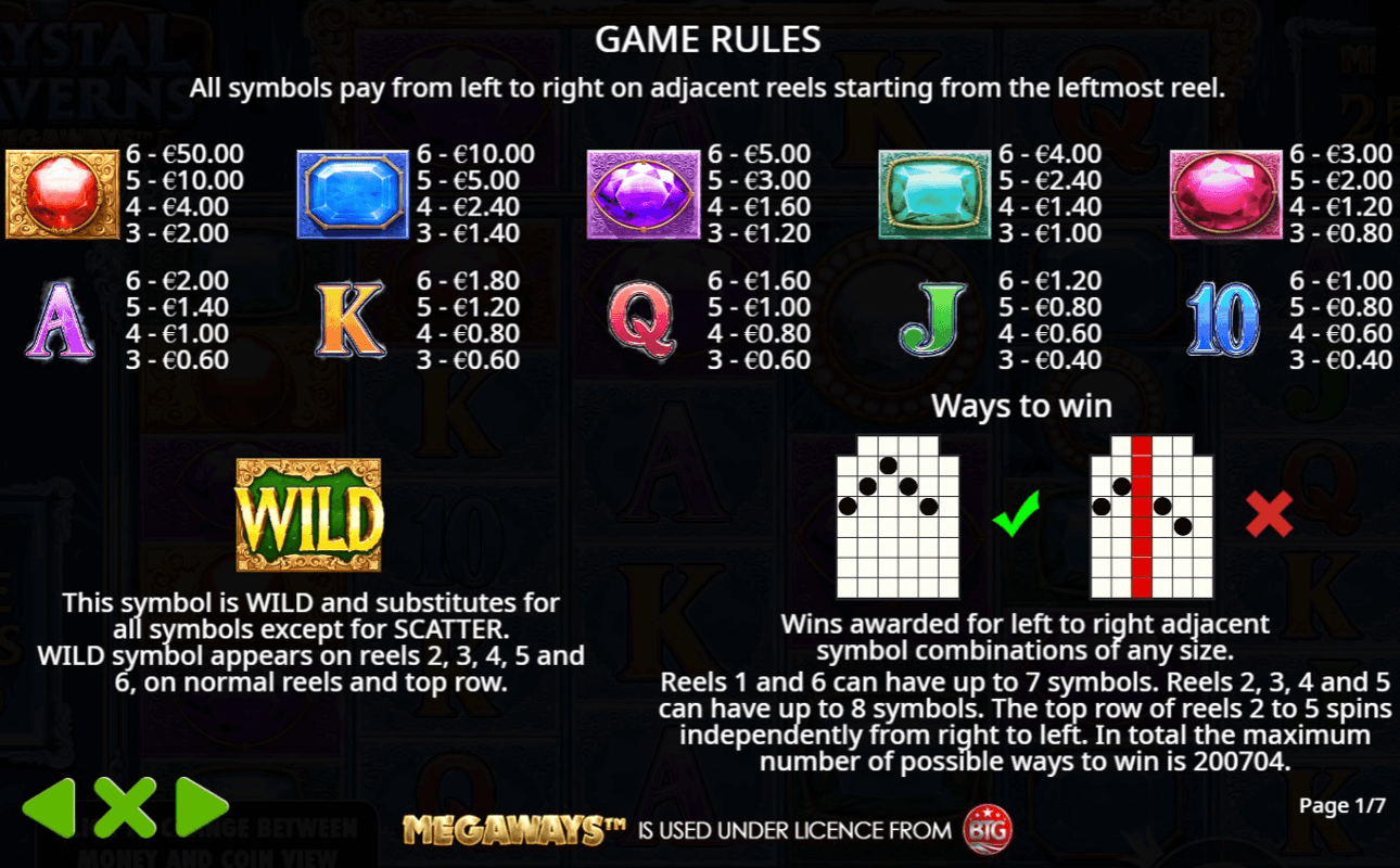 Crystal Caverns Megaways paytable