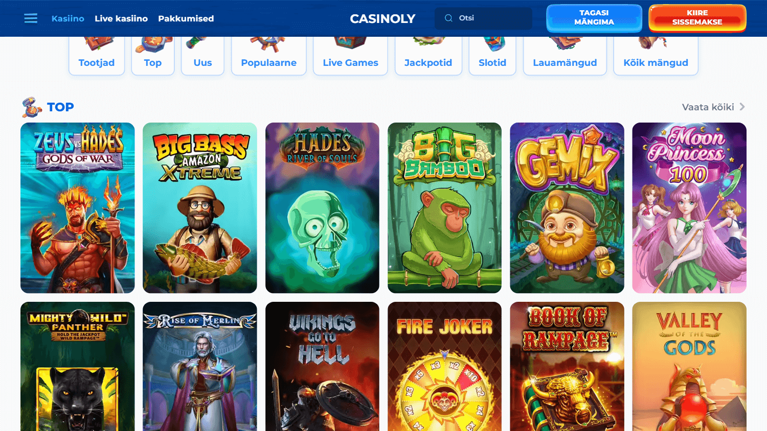 Schermata della libreria di giochi di Casinoly su desktop, che mostra varie slot e categorie.