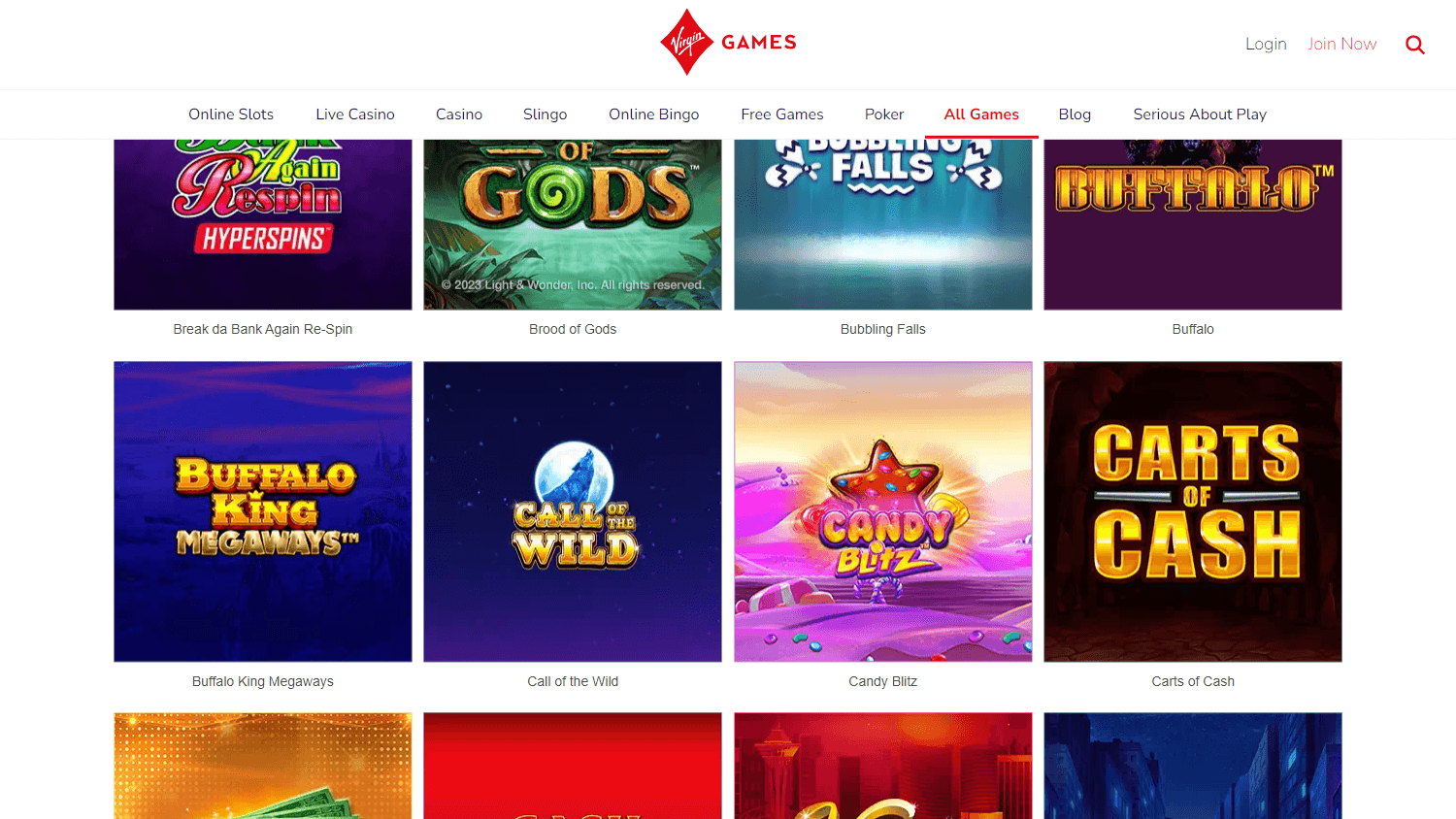 Virgin Games casino lobby website screenshot