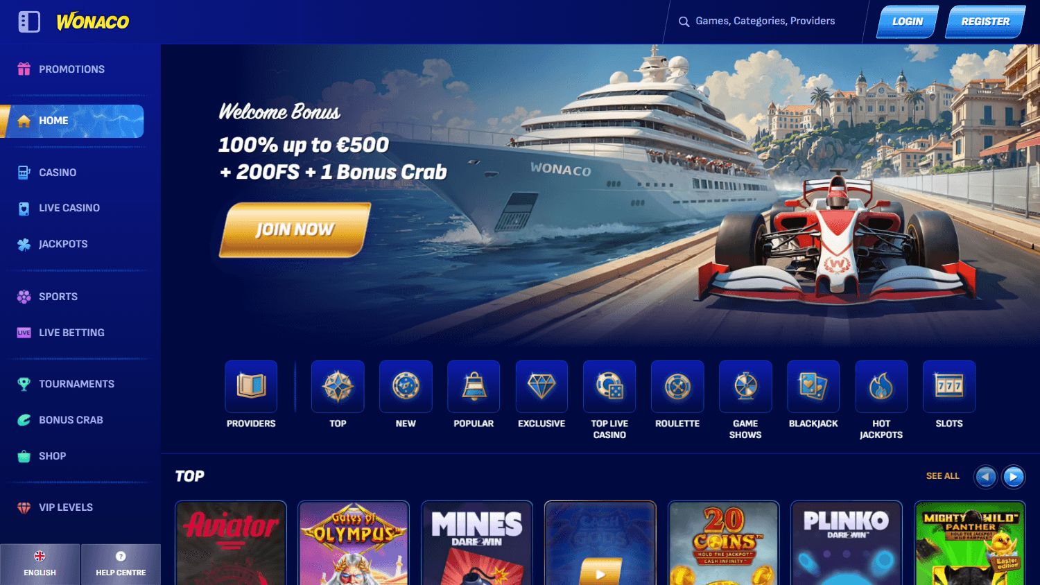 wonaco_casino_homepage_desktop