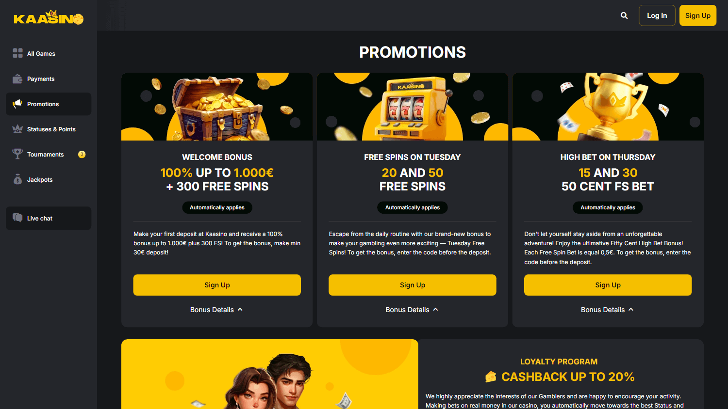 Screenshot of the Kaasino promotions page on desktop showing bonus offers