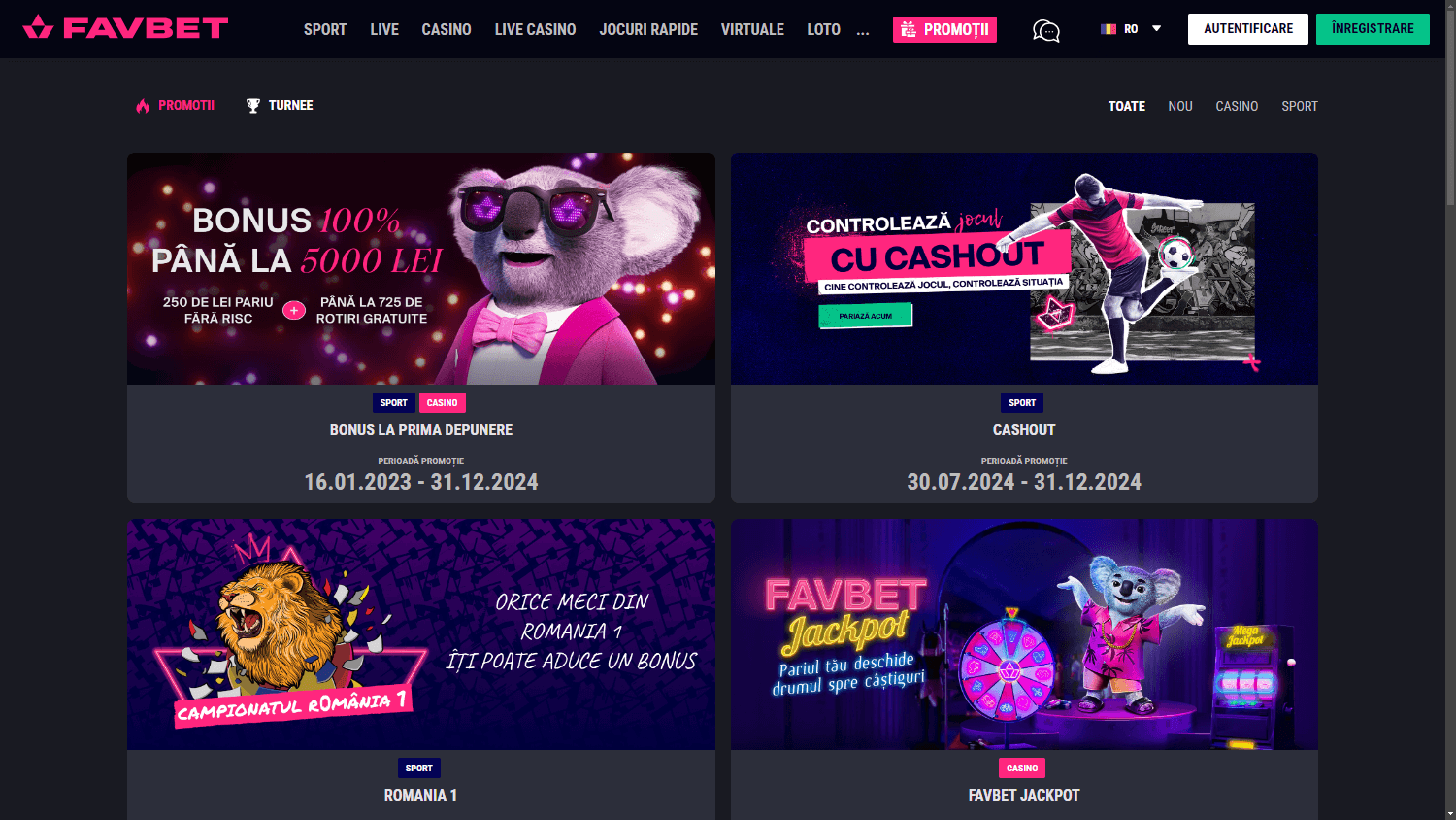 Interfața promoțiilor desktop pentru un casino online similar, ilustrând layout-ul tipic al ofertelor