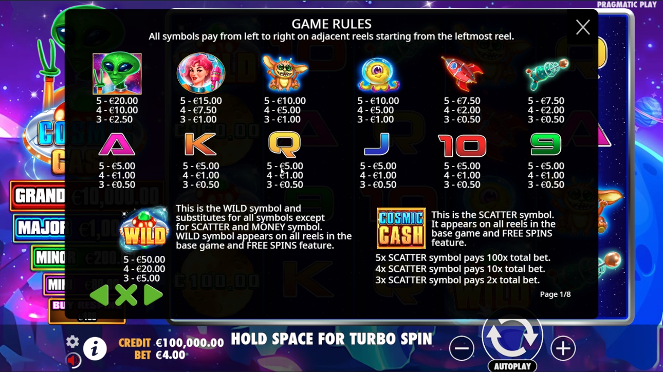 Cosmic Cash - full paytable