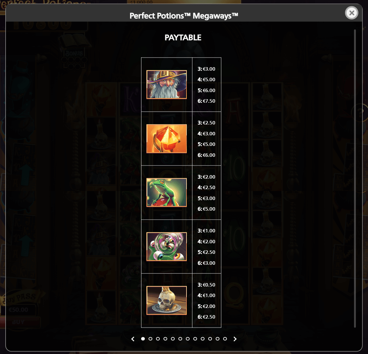 Perfect Potions Megaways paytable