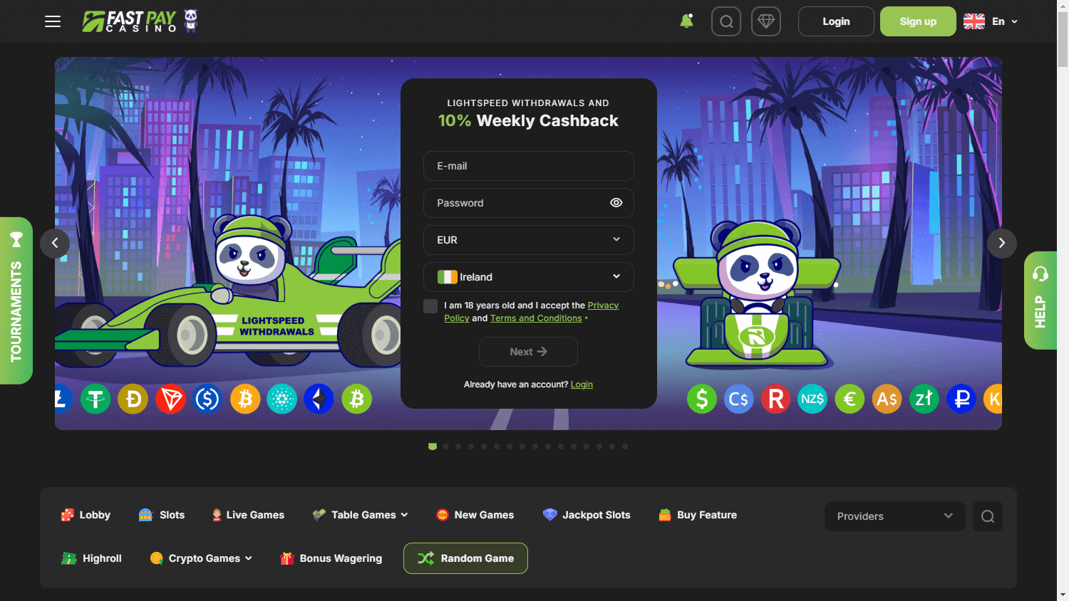 Fastpay Casino desktop homepage interface showing game lobby and promotional banners
